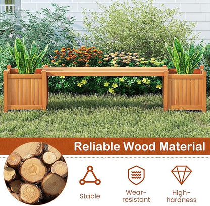 2-in-1 Outdoor Planter Box with Bench, Outdoor Bench with 2 Raised Garden Beds, Open-Ended Base Planter Box, Teak Oil Finish Wood Seat, Garden Bench Seat for Porch Balcony Lawn Yard
