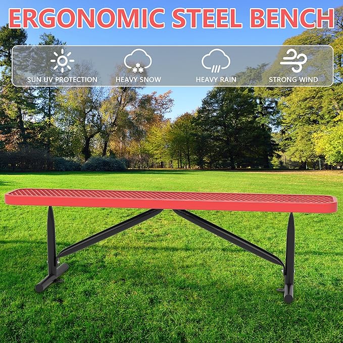 Outdoor Garden Benches, 6 ft Steel Picnic Bench Porch Chair Furniture Patio Seating, Commercial Expanded Metal Mesh Bench for Outside, Lawn, Backyard, Park, Deck, Garden, Patio, School (Red, 6FT)