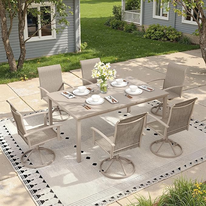 Outdoor Dining Table for 6, 63" Rectangle Outdoor Table with Adjustable Umbrella Hole, All-Weather Metal Patio Dining Table for Lawn Garden Backyard Deck, Sandshell