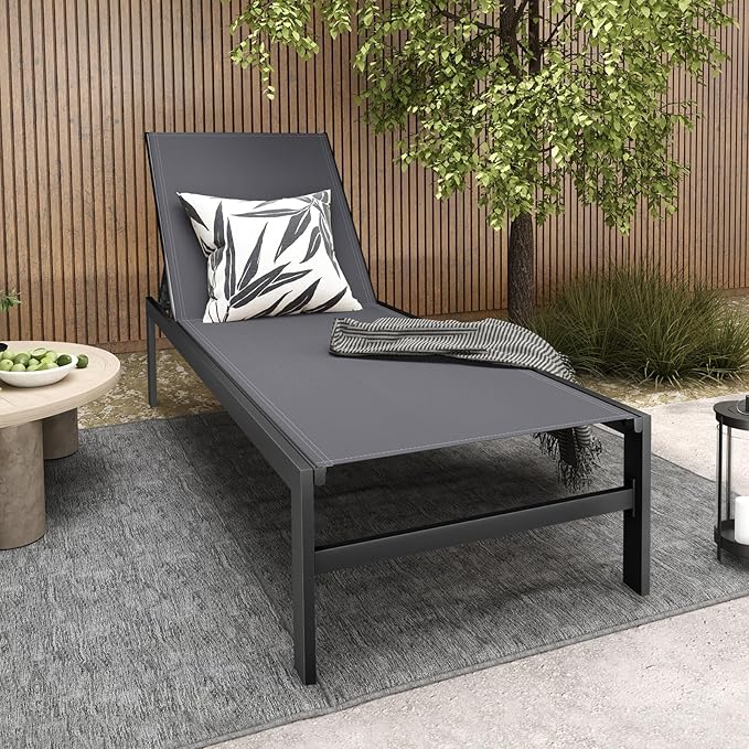 HAPPYGRILL Aluminum Chaise Lounge Chair, Heavy-Duty Patio Recliner W/ 6-Level Backrest & Breathable Fabric, Outdoor Lightweight Reclining Lounge Chair for Backyard, Poolside, Porch (1, Grey)