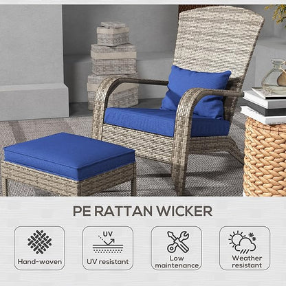 Outsunny Patio Wicker Adirondack Chair with Ottoman, Outdoor Fire Pit Chair with Cushions, High-Back, Large Seat & Armrests for Deck, Garden & Backyard, Dark Blue