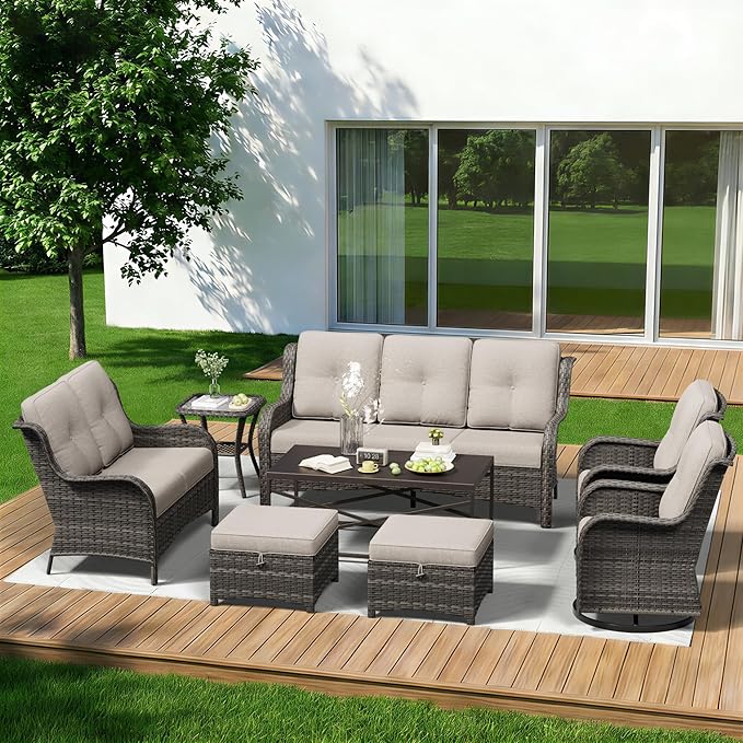 8 Piece Outdoor Wicker Patio Furniture Set, Outdoor Swivel Rocker Patio Chairs Set with Thickened Olefin Cushions - Photo 1