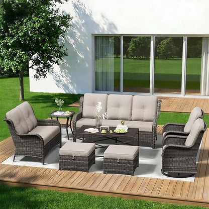 8 Piece Outdoor Wicker Patio Furniture Set, Outdoor Swivel Rocker Patio Chairs Set with Thickened Olefin Cushions, High Back and Deep Seating, Hand-Woven PE Rattan for Porch, Deck