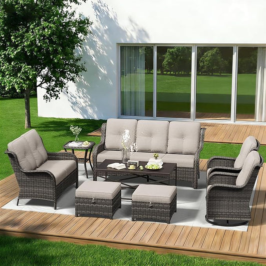 8 Piece Outdoor Wicker Patio Furniture Set, Outdoor Swivel Rocker Patio Chairs Set with Thickened Olefin Cushions, High Back and Deep Seating, Hand-Woven PE Rattan for Porch, Deck