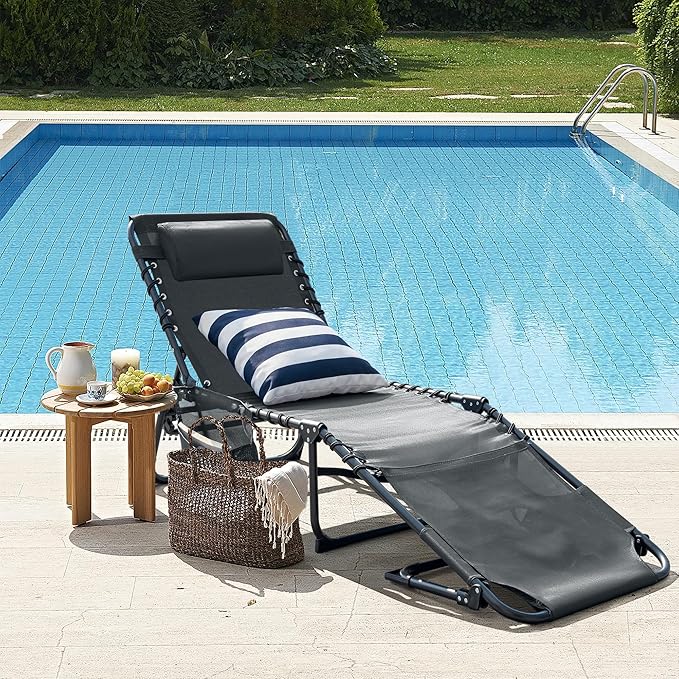 Greesum Chaise Lounge Folding Tanning Chair with 5 Position Adjustable Back, Detachable Pillow & Pocket for Outside Pool, Beach, Sunbathing, Gray w/Face Hole