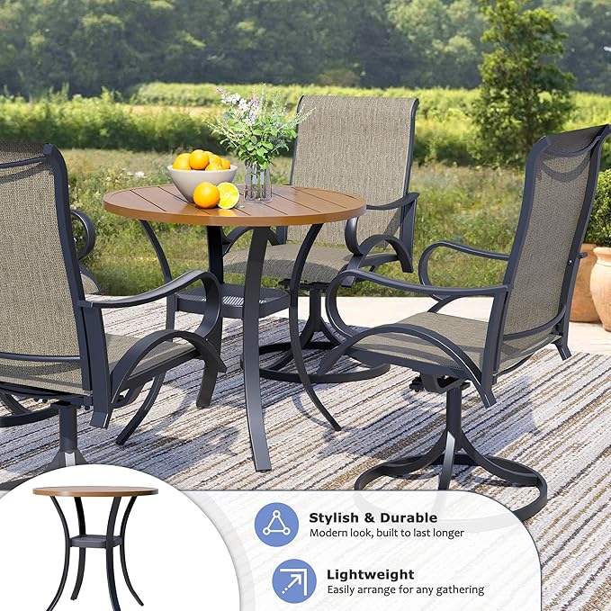 27.6" Round Patio Dining Table for 4, All-Weather Metal Patio Table with Storage Shelf, Outdoor Round Dining Table for Lawn Garden Porch, Walnut