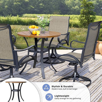 27.6" Round Patio Dining Table for 4, All-Weather Metal Patio Table with Storage Shelf, Outdoor Round Dining Table for Lawn Garden Porch, Walnut