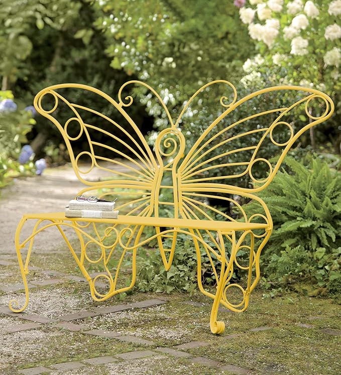 Plow & Hearth Weatherproof Butterfly Outdoor Bench | Holds Up to 300 lbs | Garden Patio Porch Park Deck | Metal | Yellow - Photo 9