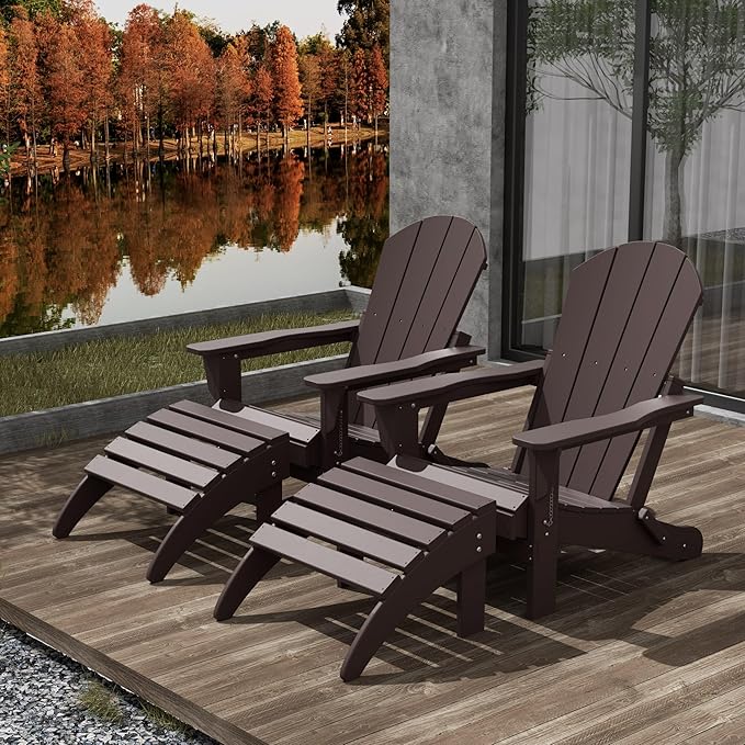 WestinTrends Malibu Outdoor Lounge Chair Set, 4-Pieces Adirondack Chair Set of 2 with Ottoman, All Weather Poly Lumber Patio Lawn Folding Chair for Outside Pool Beach, Dark Brown