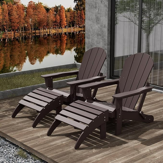 WestinTrends Malibu Outdoor Lounge Chair Set, 4-Pieces Adirondack Chair Set of 2 with Ottoman, All Weather Poly Lumber Patio Lawn Folding Chair for Outside Pool Beach, Dark Brown