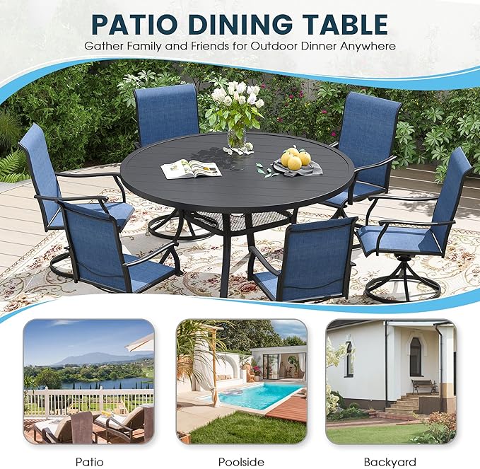 Patio Dining Table for 6-8, Round Metal Outdoor Table with 1.57" Umbrella Hole, 53" Outdoor Slat Tabletop Dining Table for Backyard, Porch, Lawn, Black