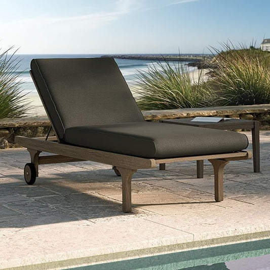 Modway Saratoga Teak Outdoor Chaise Lounge Chair in Flint Gray – Adjustable Wood Pool Lounge Chair with Wheels and Cushions
