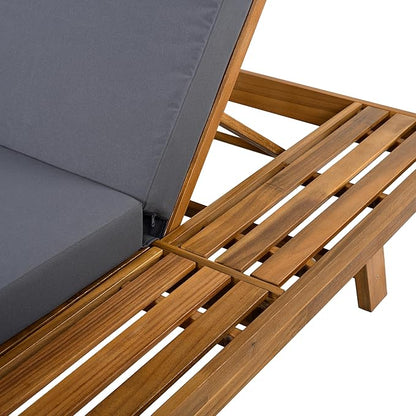 Merax Acacia Wood Chaise Lounge Chair Outdoor Set of 2, Patio Recliner with 4 Position Adjustable Backrest and 4" Thick Triple-fold Cushion