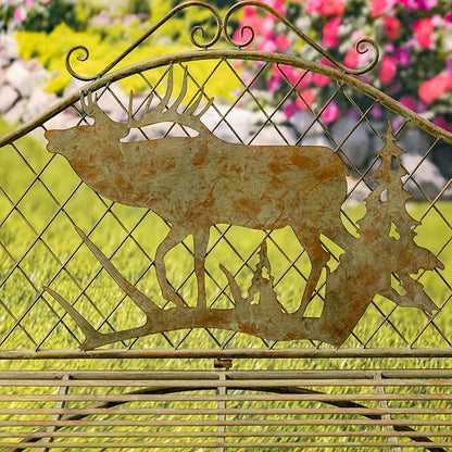 Classic Iron Garden Bench with Nature Scenery (Moose & Evergreen Backrest in Green)