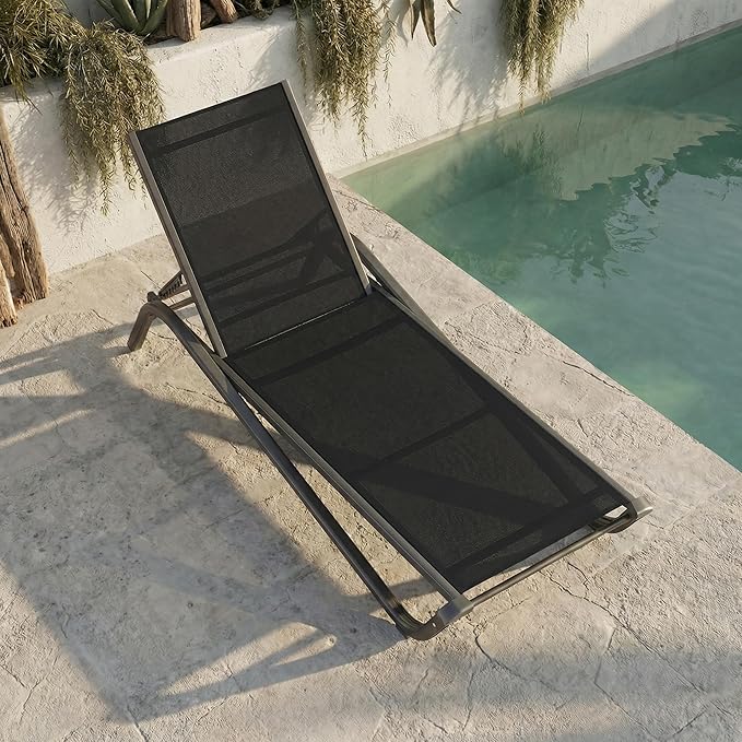 Outdoor Chaise Lounge Chair, 5-Position Adjustable Patio Lounge Chair with Ergonomic Aluminum Frame, Textilene Fabric Pool Loung Chairs for Poolside, Deck, Backyard (Black)