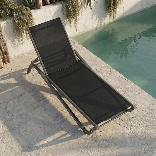 Outdoor Chaise Lounge Chair, 5-Position Adjustable Patio Lounge Chair with Ergonomic Aluminum Frame, Textilene Fabric Pool Loung Chairs for Poolside, Deck, Backyard (Black)