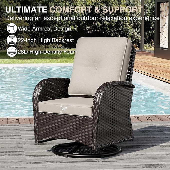 Joyside Outdoor Swivel Rocker Chairs, 3 Piece Wicker Patio Set with Thickened Cushions, High Back, Deep Seating - Photo 5