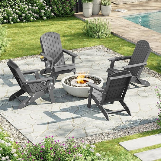 HDPE Foldable Adirondack Outdoor Chair Set of 4 with Cup Holder, Weather Resistant Heavy-Duty Patio Chair for Patio, Backyard, Deck, Fire Pit, Lawn and Porch, Grey