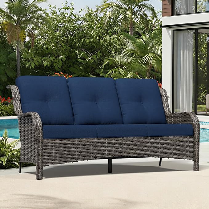 Joyside Outdoor Patio Couch, 3 Seater Outdoor Wicker Sofa with High Back, Deep Seating, Wide Armrest, Thickened Cushions - Photo 1