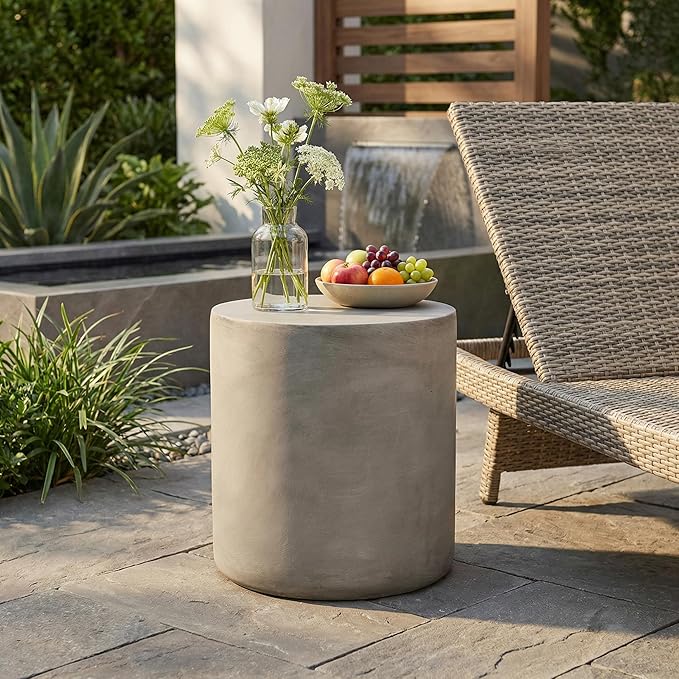Outdoor Side Table Round Concrete End Table Faux Stone Side Tables Travertine Small Coffee Tables for Indoor Outdoor, Garden Stool Plant Stand for Porch, Backyard Patio, 15.75" Cylindrical