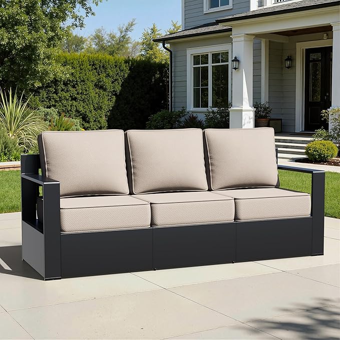 Aluminum Patio Sofa - 3-Seater Outdoor Couch with 6" Thick Removable Cushions, All-Weather Metal Frame - Photo 2