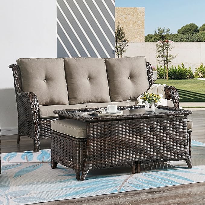 HUMMUH Outdoor Coffee Table Patio Rattan Patio Side Table Built-in Black Glass Top PE Wicker Rectangle Sofa Table Dark Brown