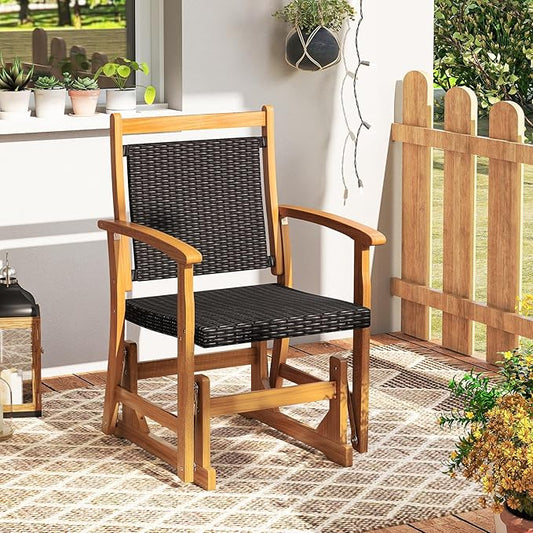RELAX4LIFE Wooden Outdoor Glider Chair - Rattan Swing Gliding Rocker Armchair w/Acacia Wood Armrests, Wicker Back & Seat, Rocking Patio Chair for Porch Balcony Backyard Pool Garden (24'')