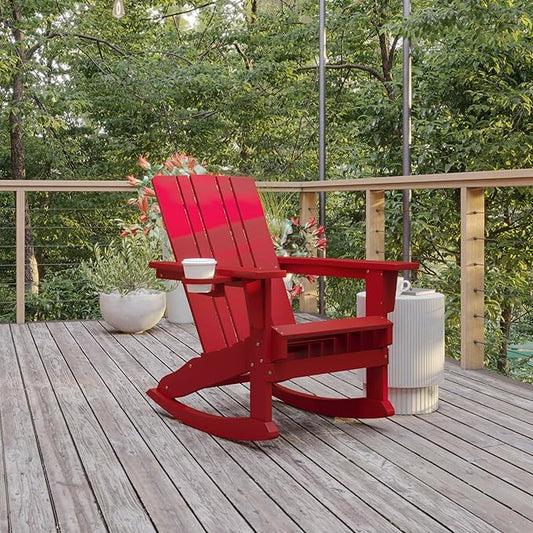 Flash Furniture Halifax Adirondack Rocking Chair with Cup Holder, Weather Resistant Poly Resin Adirondack Rocking Chair, Red
