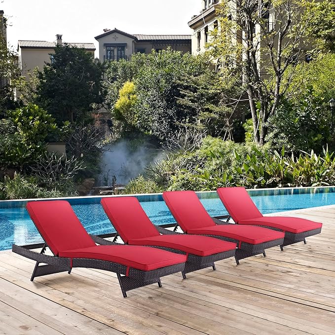 Modway Convene Wicker Rattan Outdoor Patio Chaise Lounge Chairs in Espresso Mocha - Set of 4