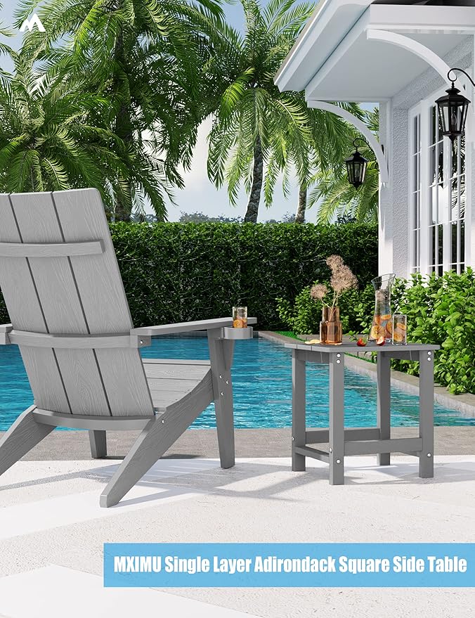 MXIMU Outdoor Side Table for Patio: 16" HIPS Weatherproof Adirondack Table Set of 2 - Small End Tables for Outside Porch Deck Pool Balcony Backyard - Easy Assembly No Maintenance Grey