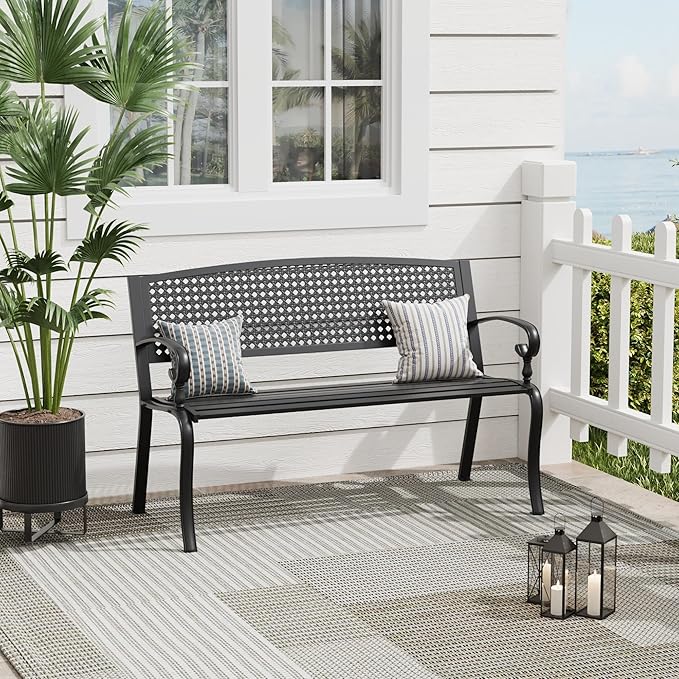 Outdoor Bench, 50 inches Metal Garden Bench, Cast Iron Steel Frame Patio Chairs w/Twist Circle Pattern Backrest for Park, Yard, Porch, Lawn, Balcony, Backyard, Black