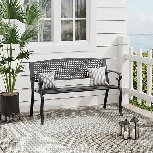 Outdoor Bench, 50 inches Metal Garden Bench, Cast Iron Steel Frame Patio Chairs w/Twist Circle Pattern Backrest for Park, Yard, Porch, Lawn, Balcony, Backyard, Black