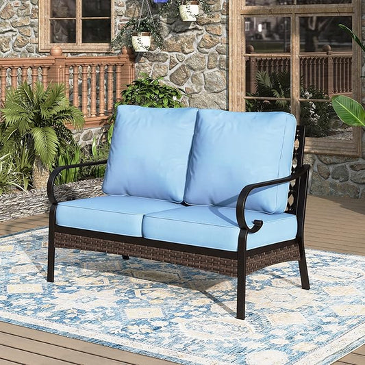Patio Furniture Sofa, Love-Seat Patio Sofa Steel Frame Outdoor Sectional Couch with 5.75” Cushions, for Lawn Backyard Porch Deck, Blue