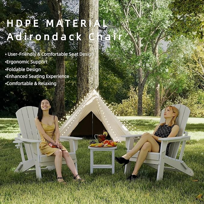 Folding Adirondack Chair, HDPE Outdoor Patio Chair with Cup Holder, All Weather Plastic Lawn Chair with Wide Armrests, Portable Patio Chair for Backyard Deck Garden Fire Pit Poolside, White