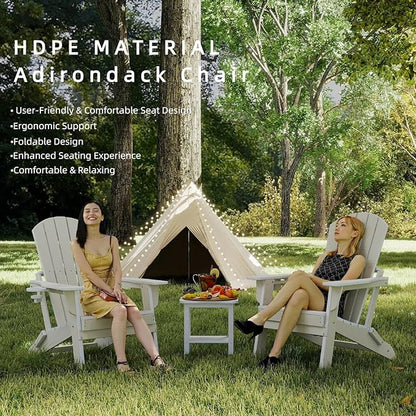 Folding Adirondack Chair, HDPE Outdoor Patio Chair with Cup Holder, All Weather Plastic Lawn Chair with Wide Armrests, Portable Patio Chair for Backyard Deck Garden Fire Pit Poolside, White