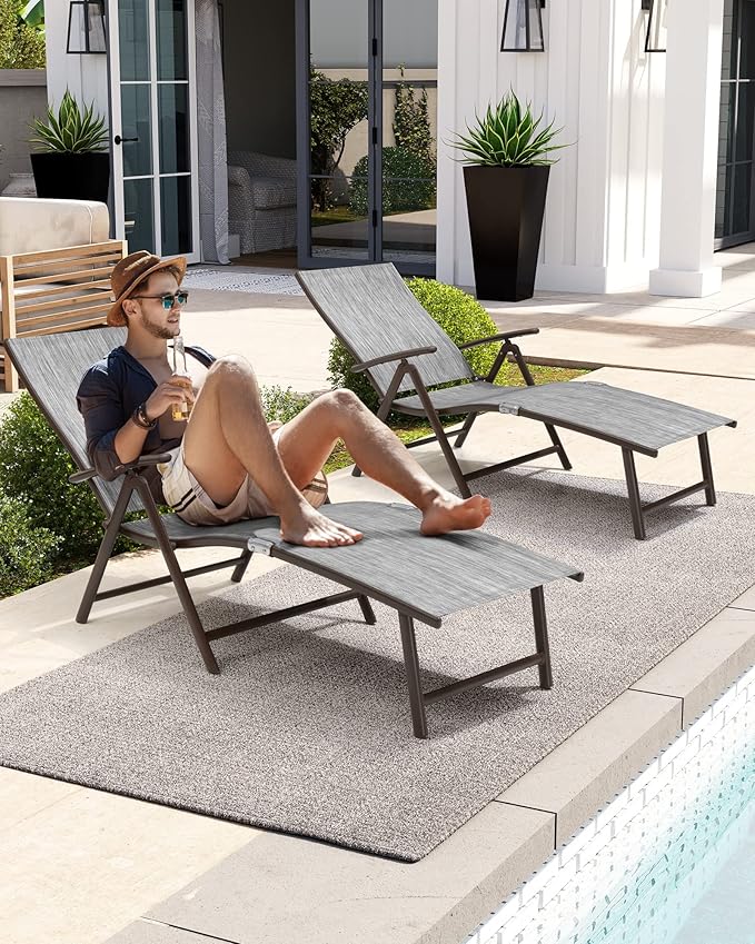 Crestlive Products Chaise Lounge Chair Outdoor Set of 2, Aluminum Folding Patio Recliner Chair, Adjustable 8 Positions Assemble-Free Perfect for Beach, Yard, Pool, Deck