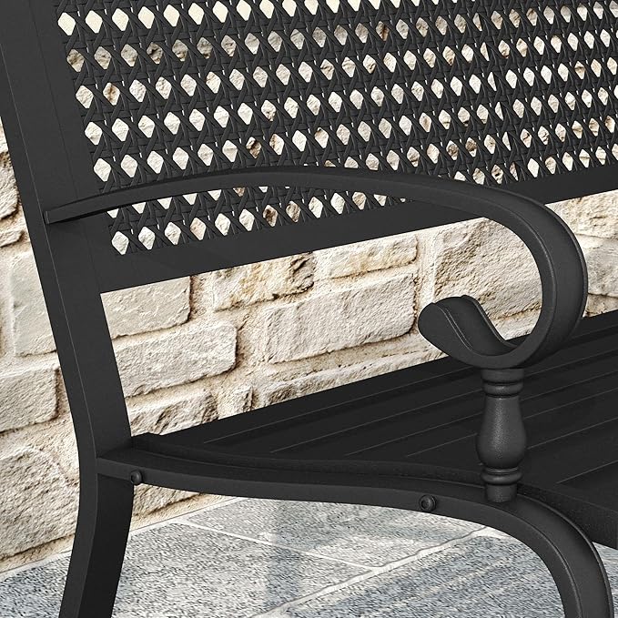 DIFY Outdoor Metal Bench with Back, Garden Bench Front Porch Bench with Curved Armrests for Park, Lawn, Yard, Black
