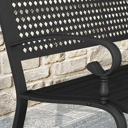 DIFY Outdoor Metal Bench with Back, Garden Bench Front Porch Bench with Curved Armrests for Park, Lawn, Yard, Black