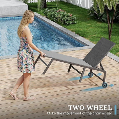 UDPATIO Patio Lounge Chair with Wheels 2 Pieces Outdoor Chaise Lounge with Side Table 5 Adjustable Position Recliner for Patio, Beach, Yard, Pool