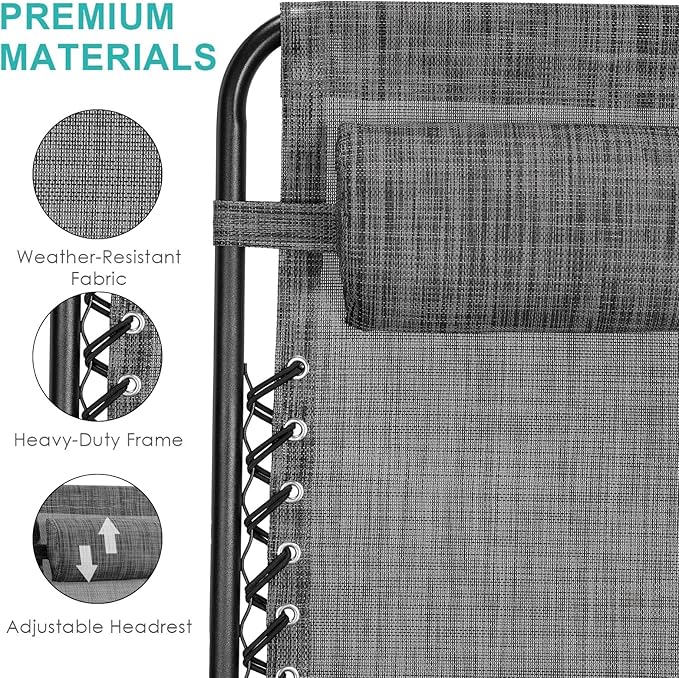 TLSUNNY Zero Gravity Chair Set of 2, Outdoor Folding Lounge W/Detachable Headrest & Holder Tray, Adjustable Textilene Lawn Reclining, No Assembly Required, for Patio, Garden, 330LBS (1, Grey)