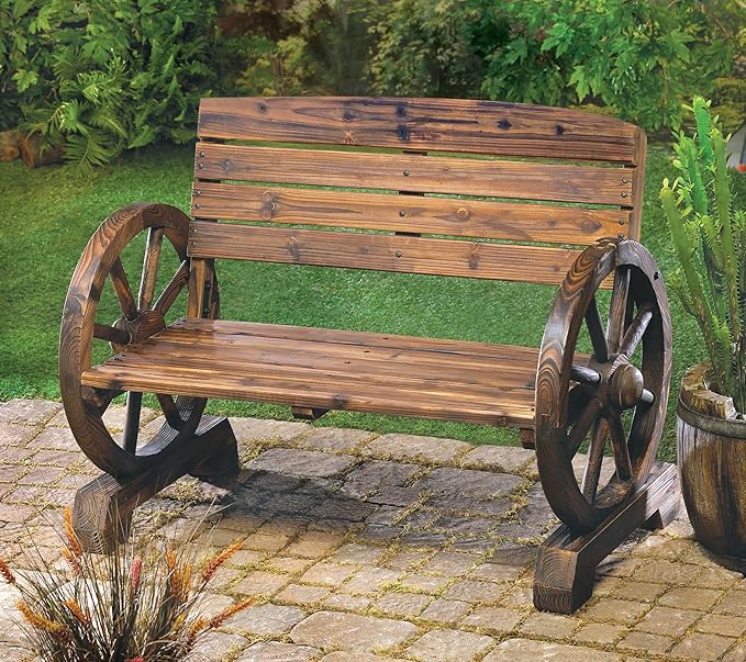 Zingz & Thingz Rustic American Old West Outdoor Home & Garden Wooden Wagon Wheel Bench, 42.25x21x31, Brown