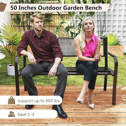 Tangkula Metal Patio Park Bench, 50 Inches Outdoor Garden Bench with Patterned Backrest and Curved Armrests, 2-3-Person Patio Bench, Outdoor Metal Loveseat Chair for Porch, Lawn, Park