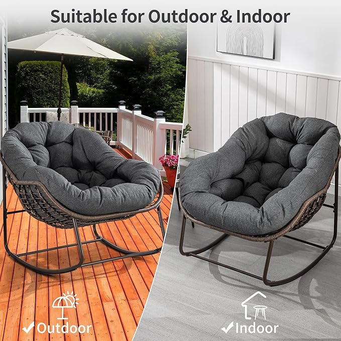 HOMEFUN Outdoor Patio Rocking Chairs, Oversized Papasan Rock Chair Indoor with Padded Cushion - Rocker Egg for Front Porch, Garden, Backyard Gray