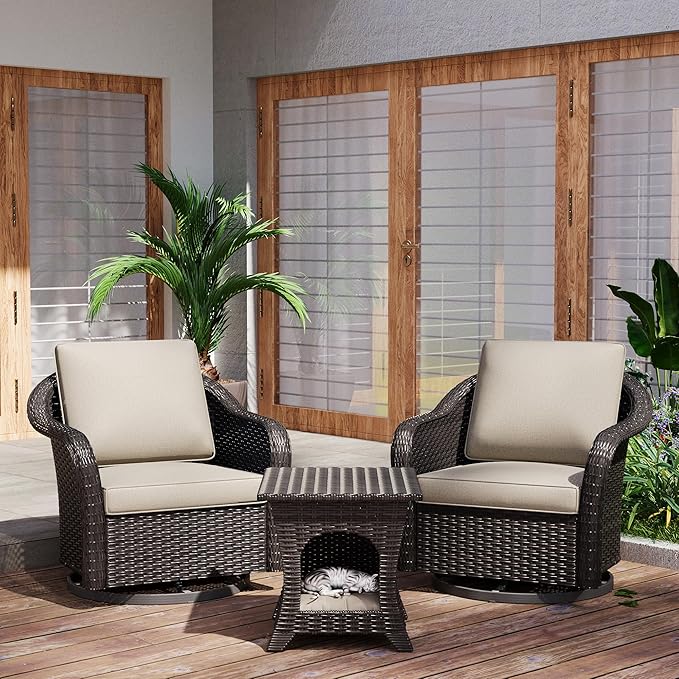 Outdoor Wicker 360 Degree Swivel Glider Rocker Chairs Set of 2 with Cat House Side Table - Photo 1