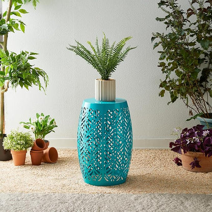 Glitzhome 18.25" H Outdoor Side Table with Leaf Pattern Solar Powered Light, Iron Cutout Drum Garden Stool Solar Decorative Lanterns, Metal End Table Plant Stand for Indoor Outdoor, Blue