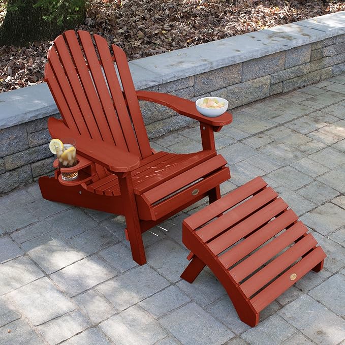 highwood AD-KITCHL5-RED Hamilton Folding & Reclining Adirondack Chair with Ottman and Cup Holder, Rustic Red