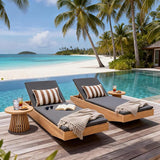 Acacia Wood Chaise Lounge with 2-Fold Thin Cushion - Teak Finish Outdoor Recliner with Cream Water-Repellent Cushion - Photo 4