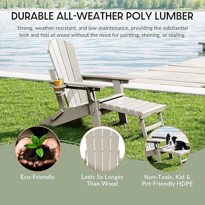 WestinTrends Malibu Folding Adjustable Adirondack Chair with Retractable Ottoman and Cup Holder, Sand