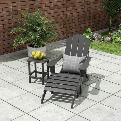 WO Home Furniture 3pc Set - HDPE Poly Adirondack Chair with Ottoman/Footrest and Square Side Table, All Weather and UV Resistant for Outdoor Patio Backyard, Garden, Gray