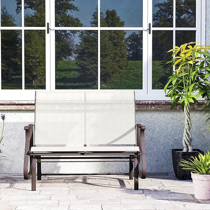 Outsunny 2-Person Outdoor Glider Bench，Patio Glider Loveseat Chair with Powder Coated Steel Frame，2 Seats Porch Rocking Glider for Backyard, Lawn, Garden and Porch, Cream White
